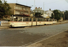 Gotha articulated car 215 at Gotha Hauptbahnhof Aug 1989.