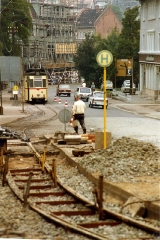 Tram track repairs in Gotha DDR, ,with Gotha T57 tram nr 46 August 1989.