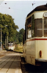 Crossing of Gotha trams, GT4-65 nr 210 at Tabarz Aug 1989.