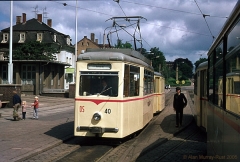 Triebwagen 40 mit Beiwagen 91 auf Linie 1 am Hauptbahnhof. (7. Juli 1974)