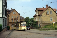 Triebwagen 36 mit Beiwagen 71 am Nelkenberg. (4. Juli 1991)