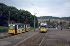 Triebwagen 216, 396 und 302. Drei Arten Gelenkwagen auf einmal am Gleisdreieck Waltershausen. (4. Juli 1991)