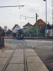 Historischer TW 29 überquert die Walthershäuser Straße. (2.5.1994)