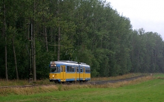Triebwagen 592 erreicht im strömenden Regen die Haltestelle Boxberg. (August 2004)