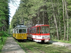 Kreuzung mit Tw 308 und 309 (beide CKD 1990 ex Erfurt 538 und 539) in der Haltestelle Marienglashöhle