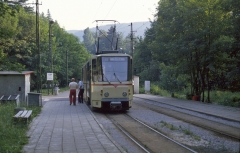 Kreuzungshalt am Bahnhof Reinhardsbrunn. Die eingleisigen Abschnitte waren damals nicht signalgesichert. (14.07.1987)